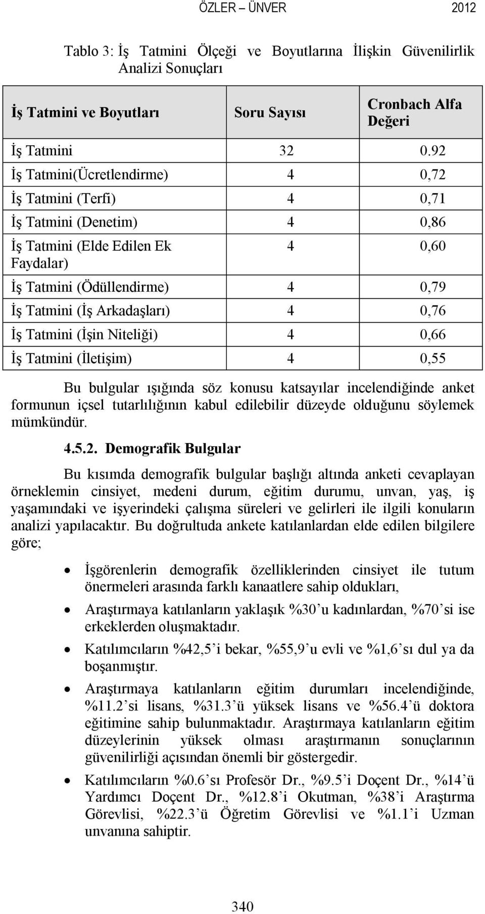 0,76 İş Tatmini (İşin Niteliği) 4 0,66 İş Tatmini (İletişim) 4 0,55 Bu bulgular ışığında söz konusu katsayılar incelendiğinde anket formunun içsel tutarlılığının kabul edilebilir düzeyde olduğunu