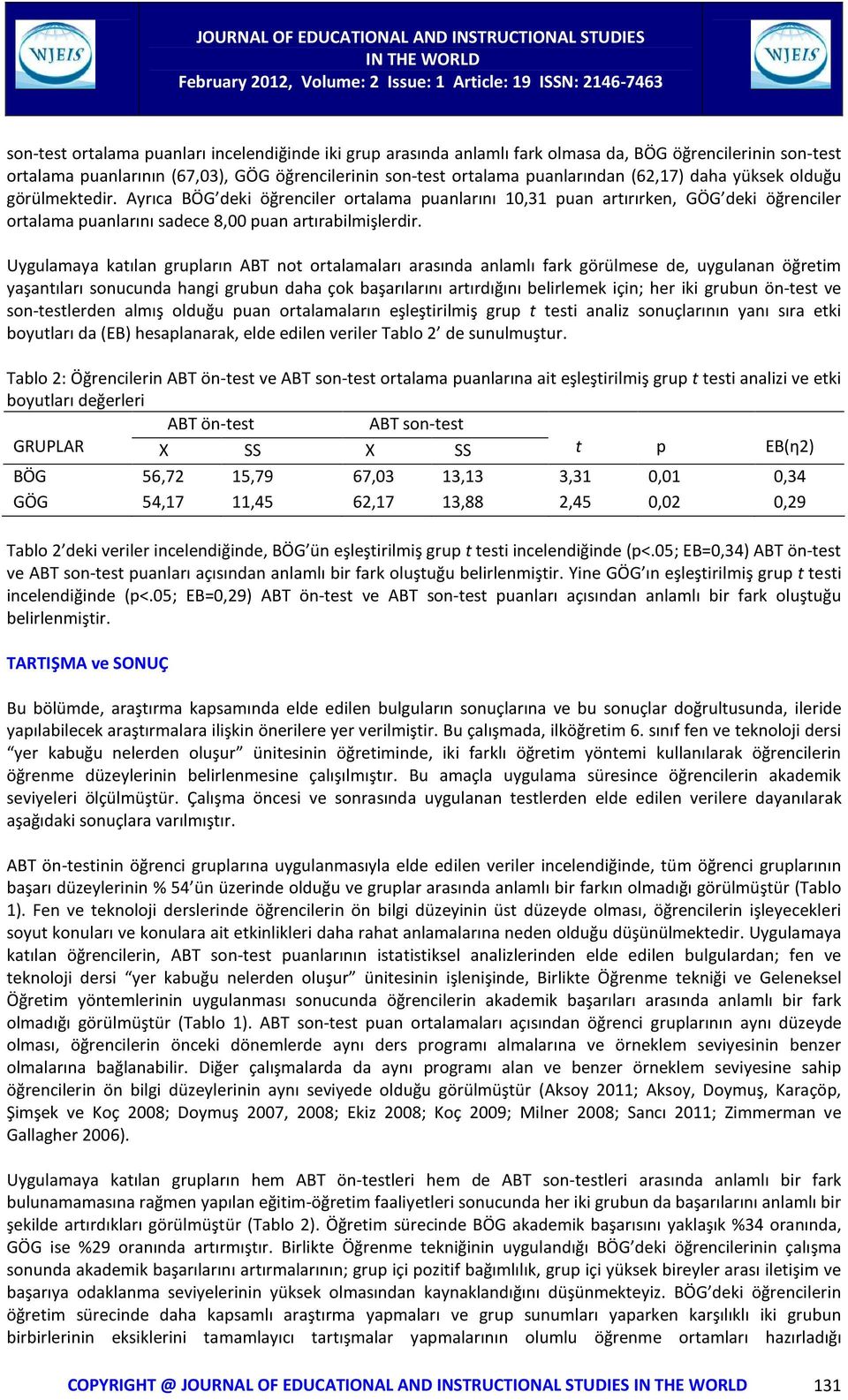 Uygulamaya katılan grupların ABT not ortalamaları arasında anlamlı fark görülmese de, uygulanan öğretim yaşantıları sonucunda hangi grubun daha çok başarılarını artırdığını belirlemek için; her iki