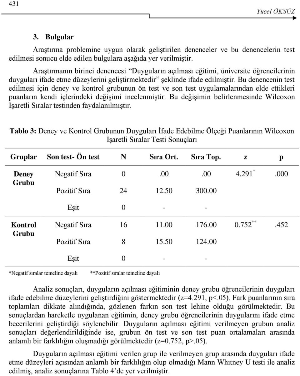 Bu denencenin test edilmesi için deney ve kontrol grubunun ön test ve son test uygulamalarından elde ettikleri puanların kendi içlerindeki değişimi incelenmiştir.