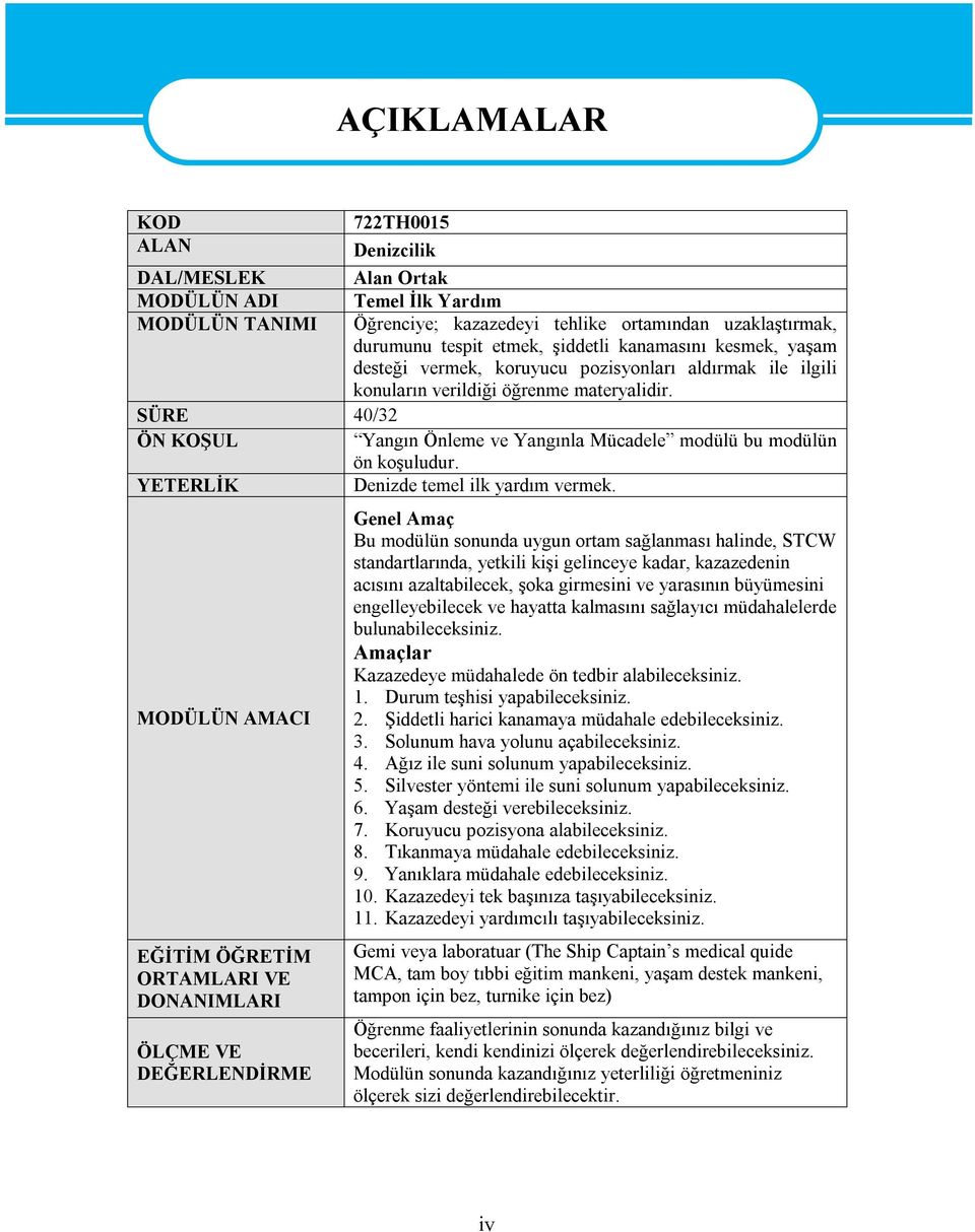 SÜRE 40/32 ÖN KOŞUL Yangın Önleme ve Yangınla Mücadele modülü bu modülün ön koşuludur. YETERLİK Denizde temel ilk yardım vermek.