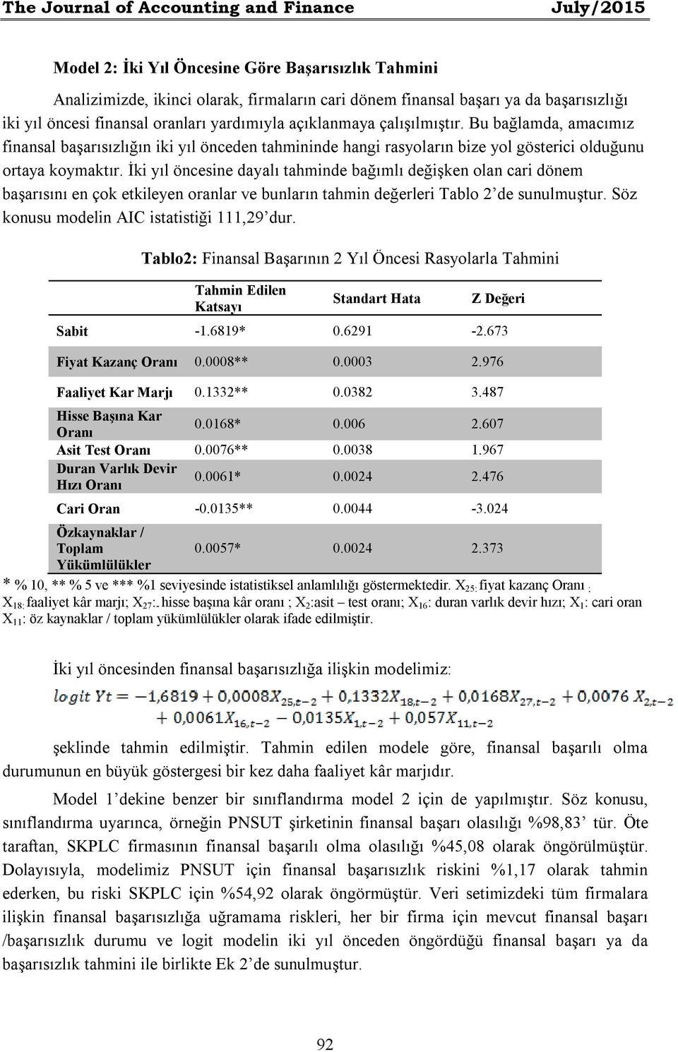 İki yıl öncesine dayalı tahminde bağımlı değişken olan cari dönem başarısını en çok etkileyen oranlar ve bunların tahmin değerleri Tablo 2 de sunulmuştur.