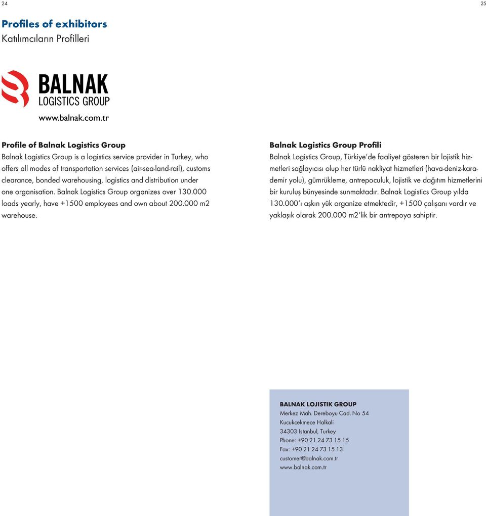 Balnak Logistics Group Profili Balnak Logistics Group, Türkiye de faaliyet gösteren bir lojistik hizmetleri sağlayıcısı olup her türlü nakliyat hizmetleri (hava-deniz-karademir yolu), gümrükleme,