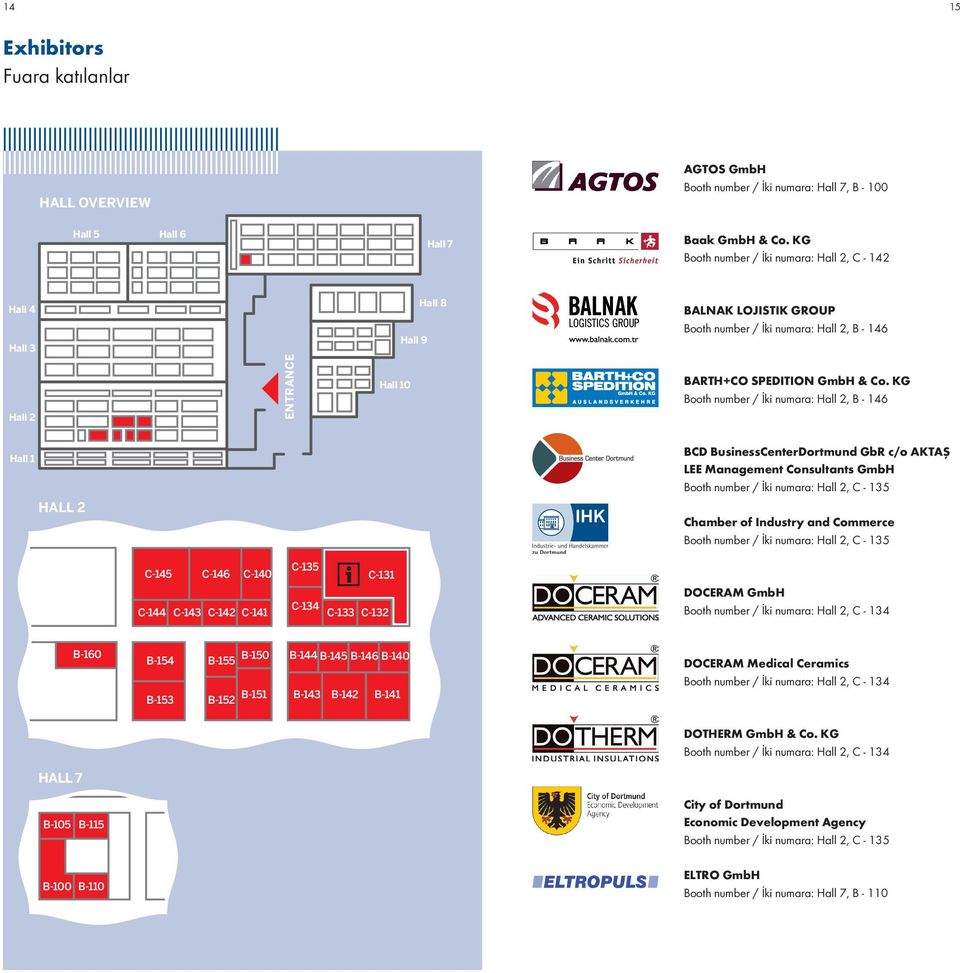 KG Booth number / İki numara: Hall 2, B - 146 Hall 1 BCD BusinessCenterDortmund GbR c/o AKTAŞ LEE Management Consultants GmbH Booth number / İki numara: Hall 2, C - 135 HALL 2 Chamber of Industry and