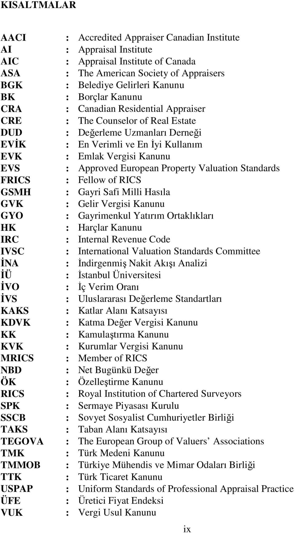 Appraiser : The Counselor of Real Estate : Değerleme Uzmanları Derneği : En Verimli ve En Đyi Kullanım : Emlak Vergisi Kanunu : Approved European Property Valuation Standards : Fellow of RICS : Gayri