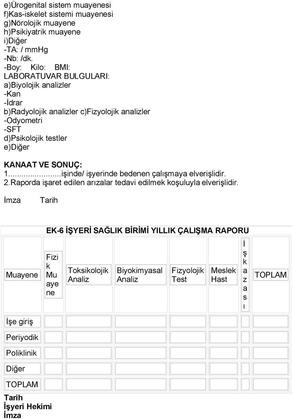 VE SONUÇ: 1...işinde/ işyerinde bedenen çalışmaya elverişlidir. 2.Raporda işaret edilen arızalar tedavi edilmek koşuluyla elverişlidir.