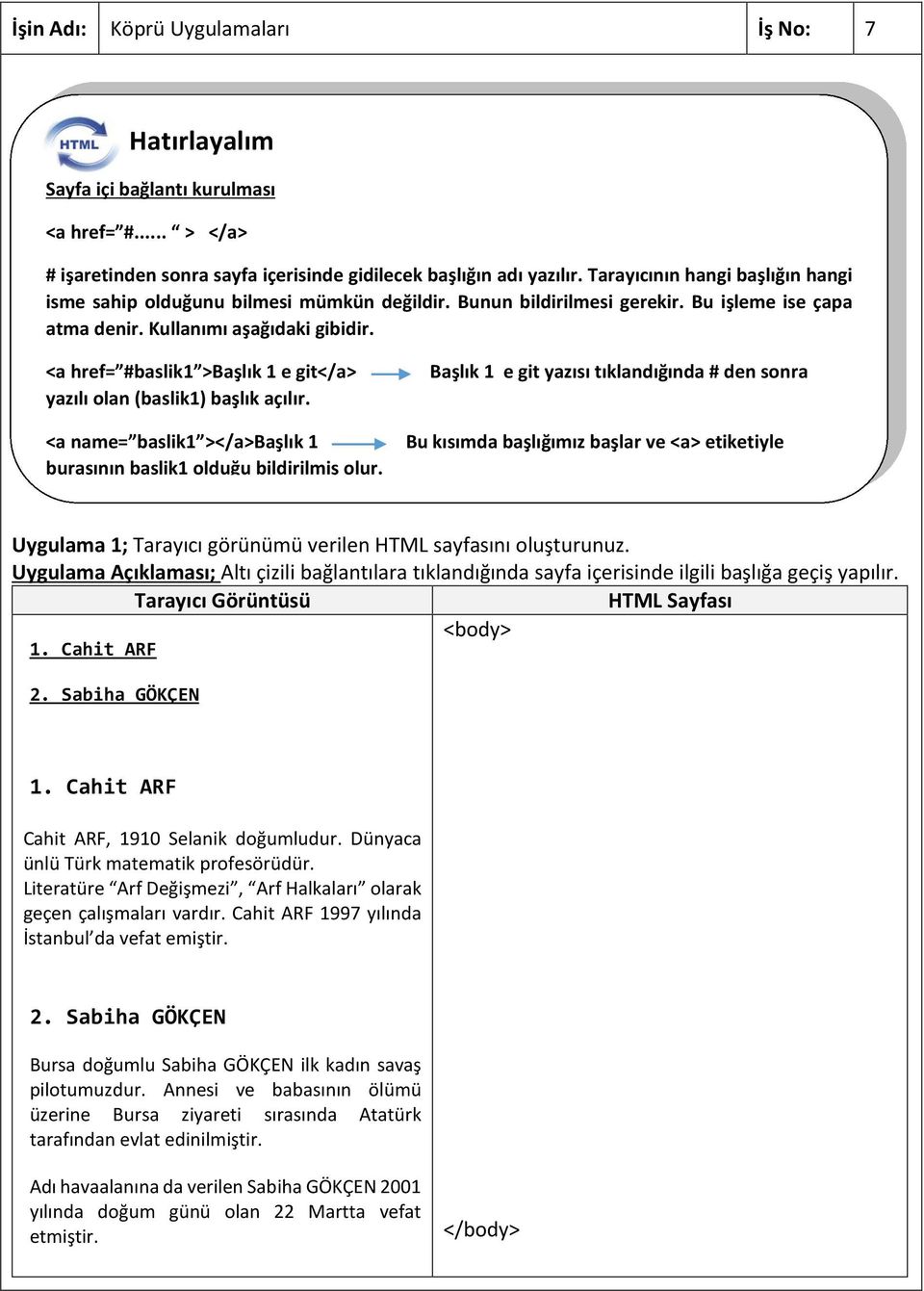 <a href= #baslik1 >Başlık 1 e git</a> Başlık 1 e git yazısı tıklandığında # den sonra yazılı olan (baslik1) başlık açılır.