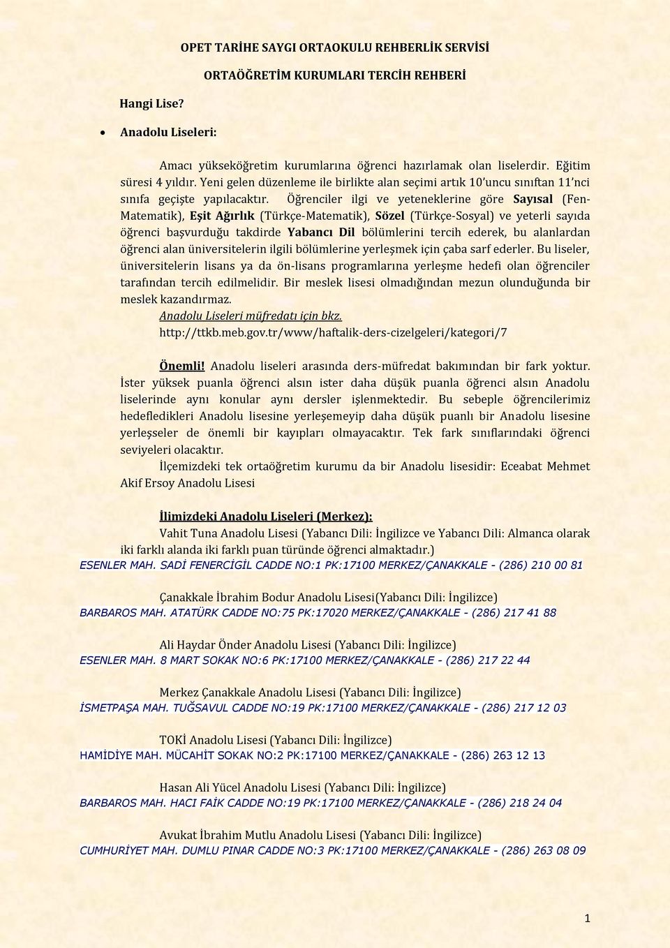 Öğrenciler ilgi ve yeteneklerine göre Sayısal (Fen- Matematik), Eşit Ağırlık (Türkçe-Matematik), Sözel (Türkçe-Sosyal) ve yeterli sayıda öğrenci başvurduğu takdirde Yabancı Dil bölümlerini tercih