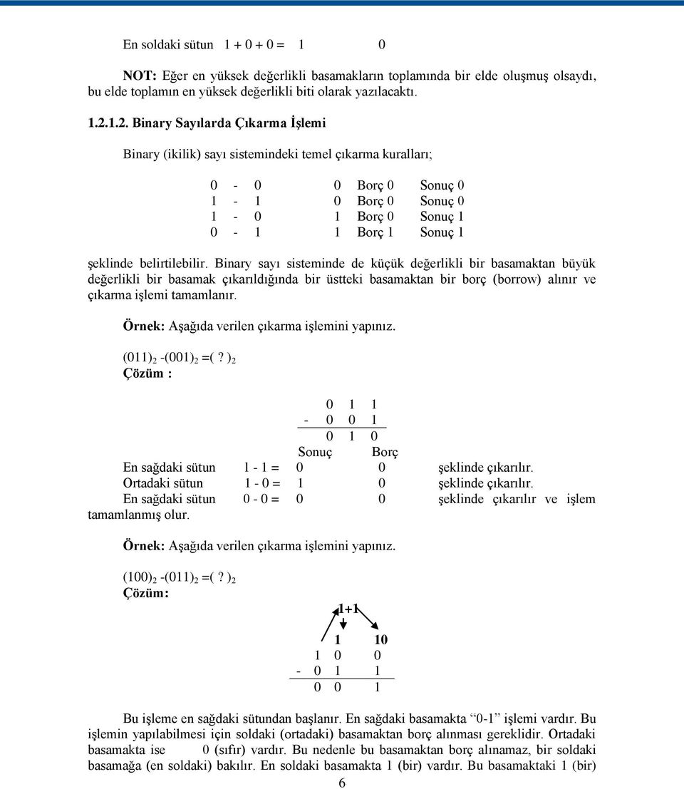 belirtilebilir. Binary sayı sisteminde de küçük değerlikli bir basamaktan büyük değerlikli bir basamak çıkarıldığında bir üstteki basamaktan bir borç (borrow) alınır ve çıkarma iģlemi tamamlanır.