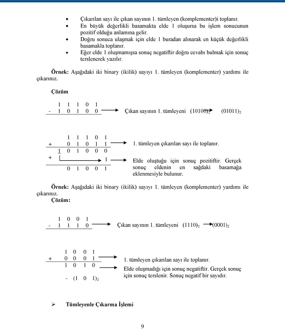 Örnek: AĢağıdaki iki binary (ikilik) sayıyı 1. tümleyen (komplementer) yardımı ile çıkarınız. Çözüm 1 1 1 0 1-1 0 1 0 0 Çıkan sayının 1.