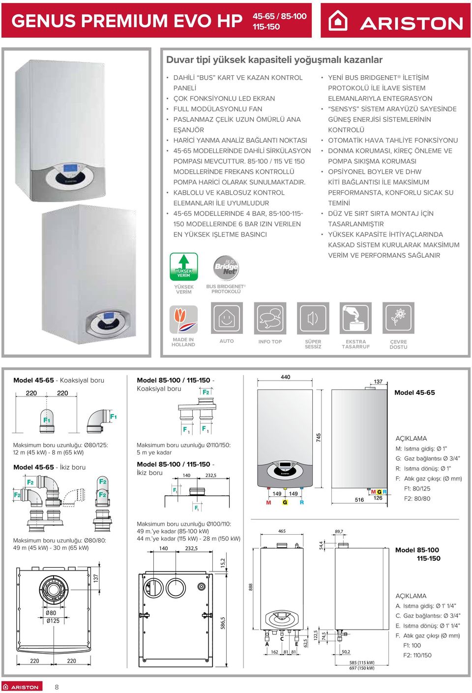 KABLOLU VE KABLOSUZ KONTROL ELEMANLARI İLE UYUMLUDUR 45-65 MODELLERINDE 4 BAR, 85-00-5-50 MODELLERINDE 6 BAR IZIN VERILEN EN YÜKSEK IŞLETME BASINCI YENİ BUS BRIDGENET İLETİŞİM PROTOKOLÜ İLE İLAVE