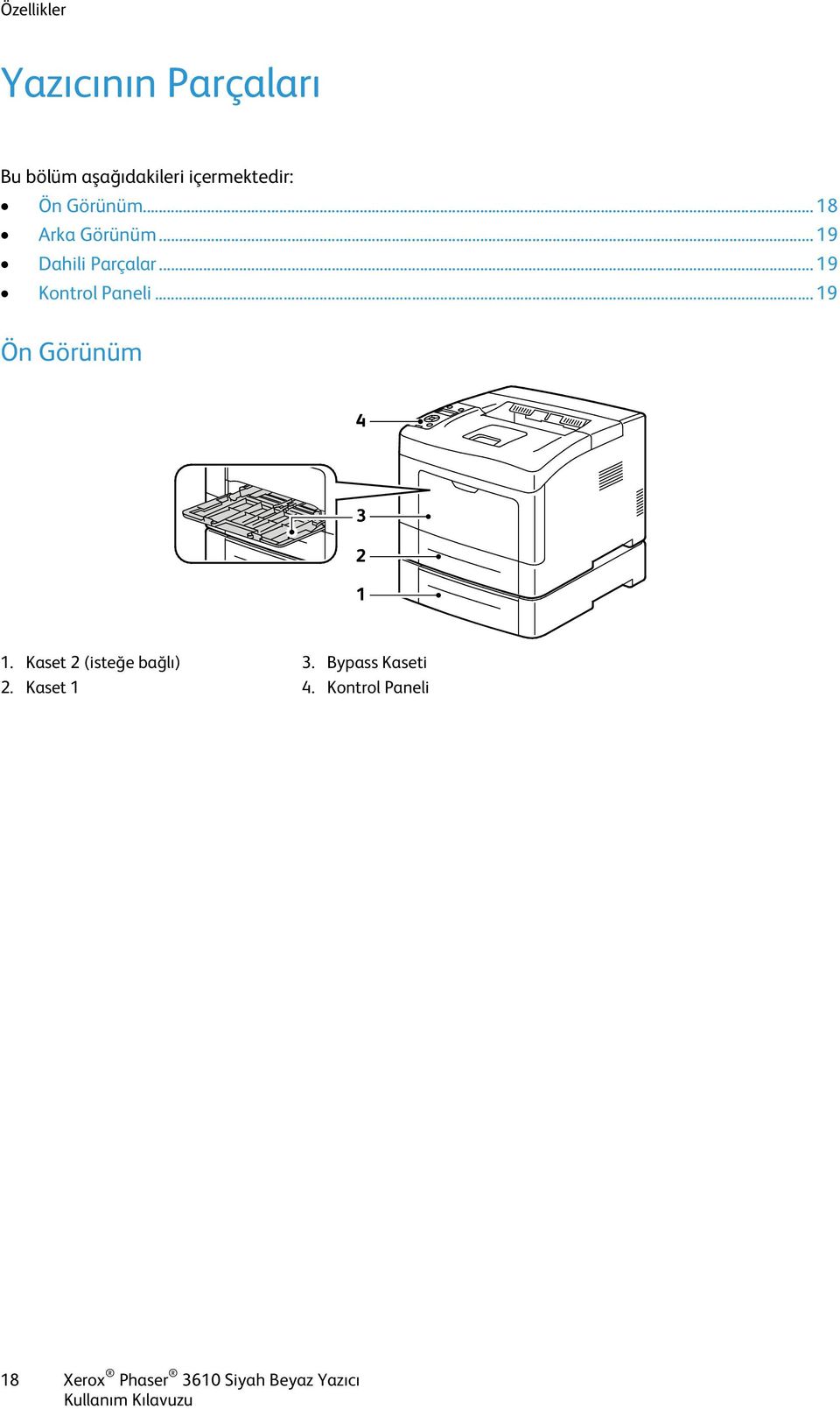 .. 19 Kontrol Paneli... 19 Ön Görünüm 1. Kaset 2 (isteğe bağlı) 2.