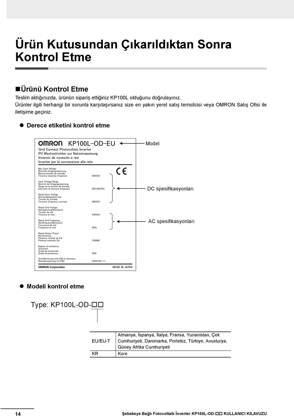 Derece etiketini kontrol etme Model DC spesifikasyonları AC spesifikasyonları Modeli kontrol etme Type: KP100L-OD- EU/EU-T KR Almanya, İspanya, İtalya,