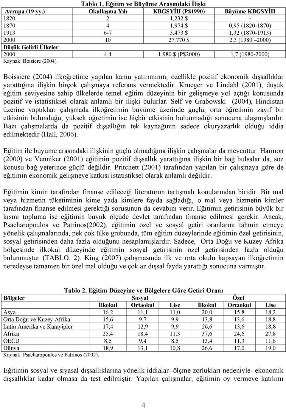 Boissiere (2004) ilköğretime yapılan kamu yatırımının, özellikle pozitif ekonomik dışsallıklar yarattığına ilişkin birçok çalışmaya referans vermektedir.