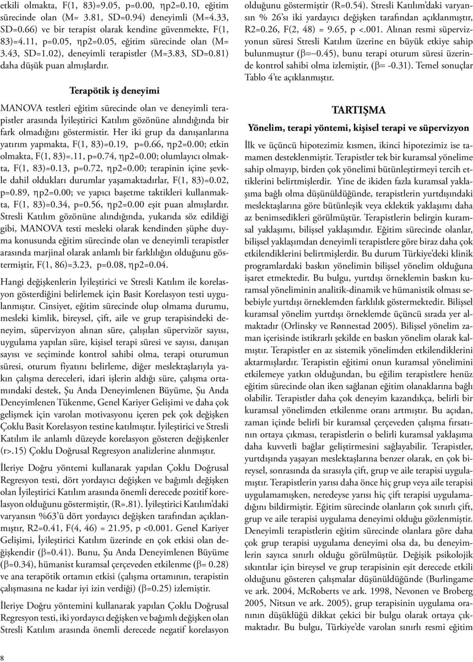 Terapötik iş deneyimi MANOVA testleri eğitim sürecinde olan ve deneyimli terapistler arasında İyileştirici Katılım gözönüne alındığında bir fark olmadığını göstermistir.