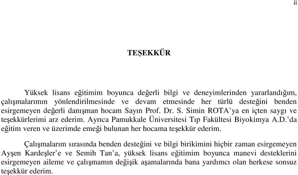 Çalışmalarım sırasında benden desteğini ve bilgi birikimini hiçbir zaman esirgemeyen Ayşen Kardeşler e ve Semih Tan a, yüksek lisans eğitimim boyunca manevi desteklerini