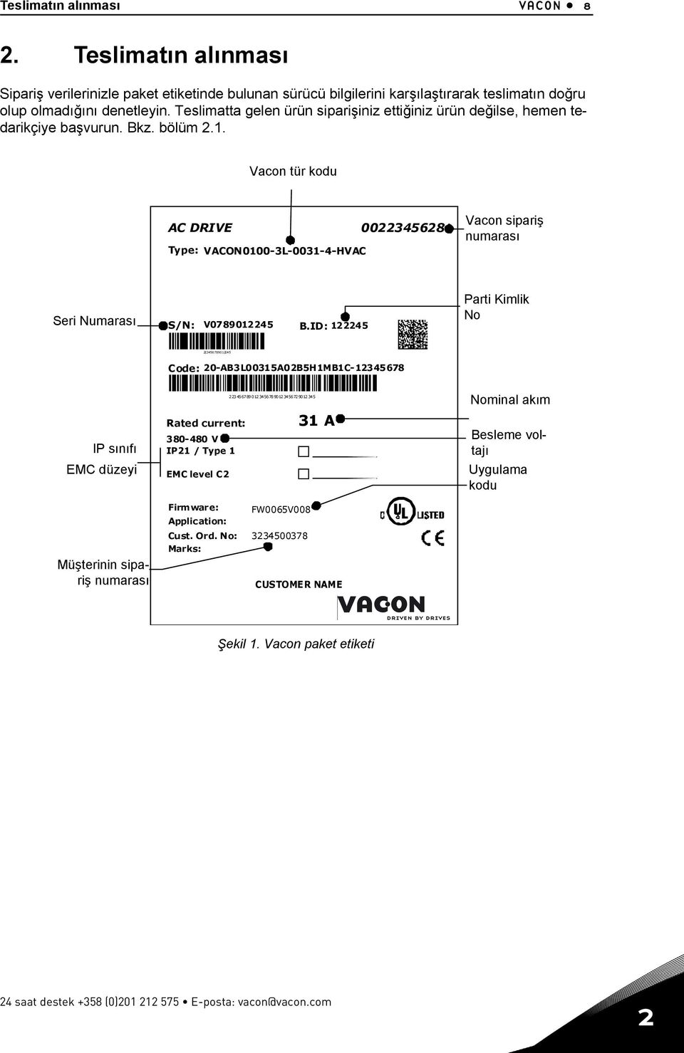 Vacon Vacon type tür kodu code AC DRIVE 0022345628 Type: VACON0100-3L-0031-4-HVAC Vacon sipariş Vacon order numarası number Serial Numarası number S/N: V0789012245 B.