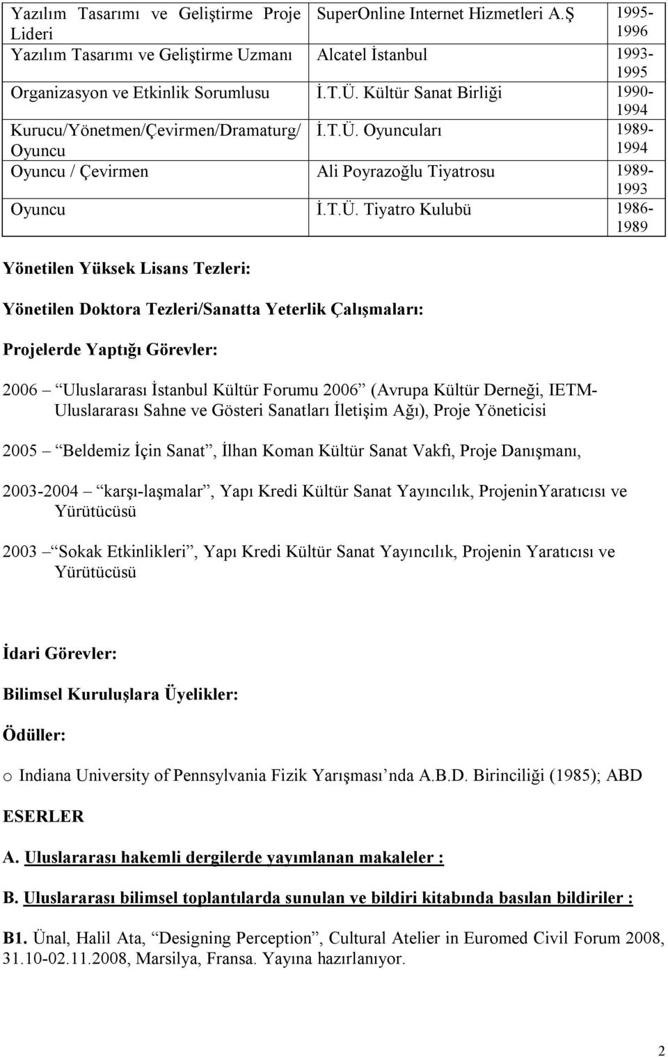 Oyuncuları 1989-1994 Oyuncu / Çevirmen Ali Poyrazoğlu Tiyatrosu 1989-1993 Oyuncu İ.T.Ü.