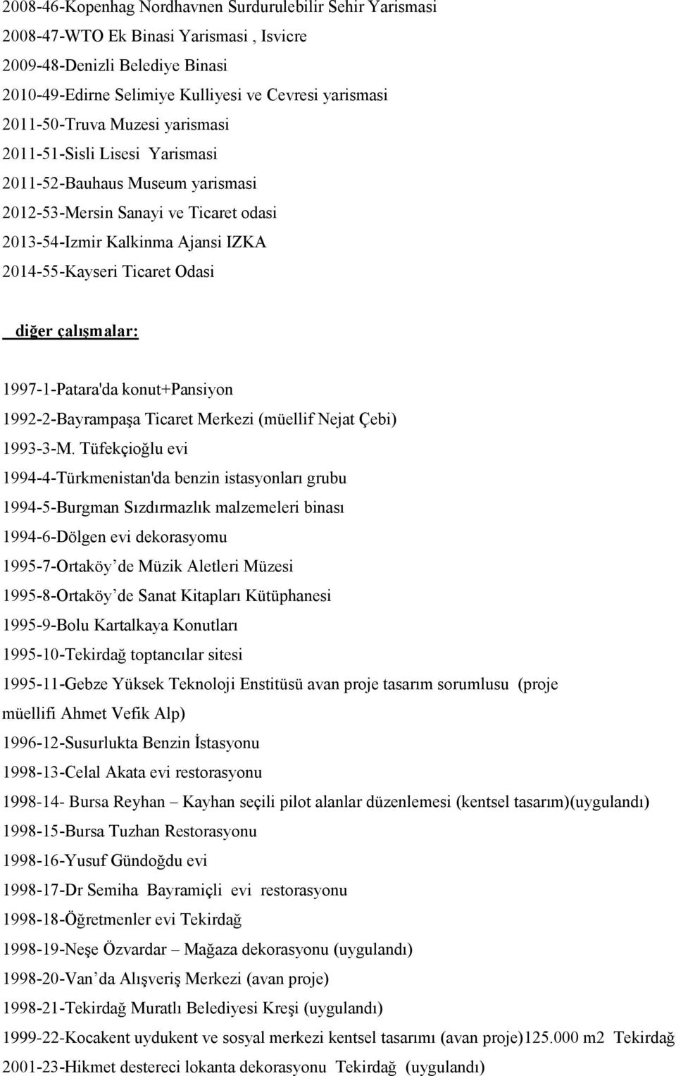 diğer çalışmalar: 1997-1-Patara'da konut+pansiyon 1992-2-Bayrampaşa Ticaret Merkezi (müellif Nejat Çebi) 1993-3-M.