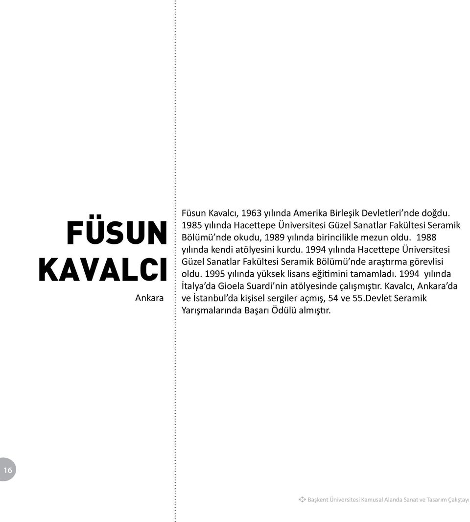 1988 yılında kendi atölyesini kurdu. 1994 yılında Hacettepe Üniversitesi Güzel Sanatlar Fakültesi Seramik Bölümü nde araştırma görevlisi oldu.