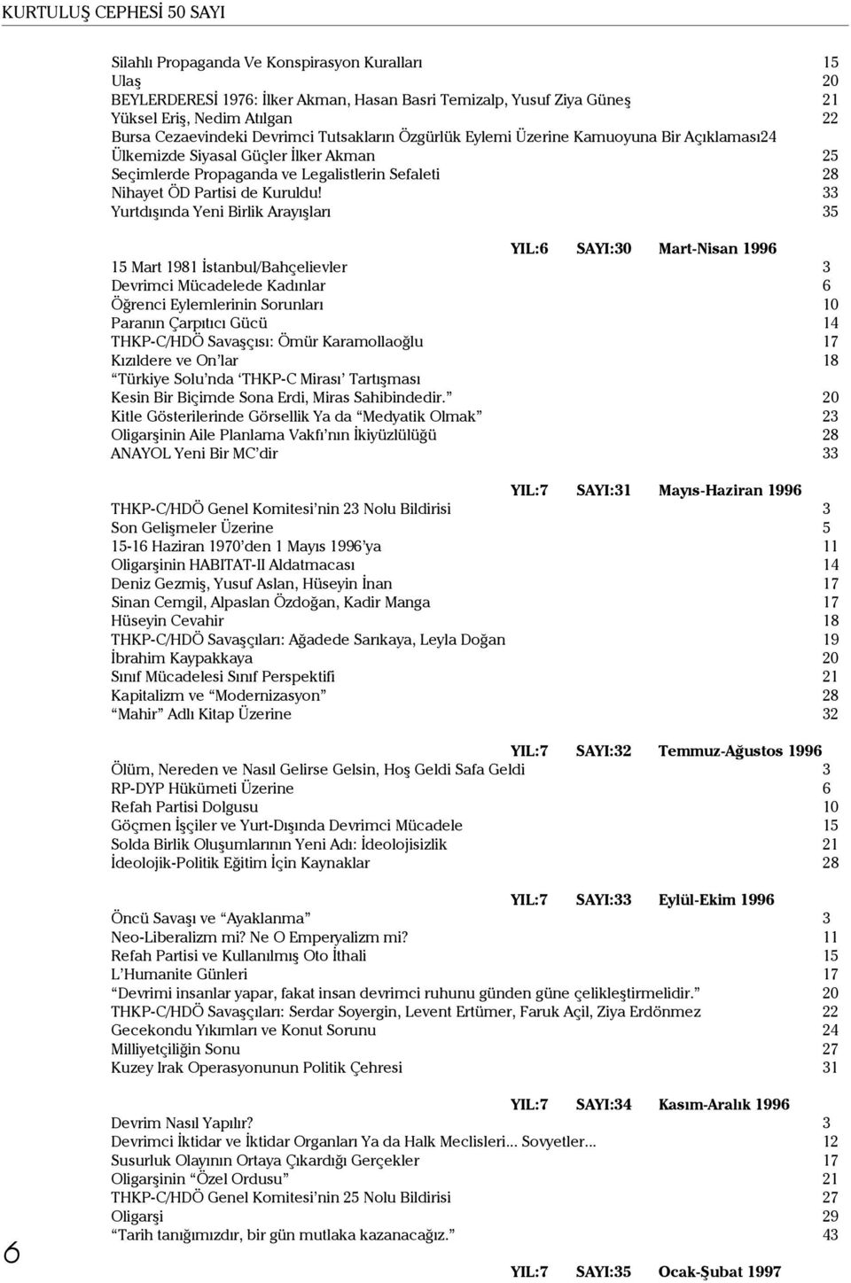 33 Yurtdışında Yeni Birlik Arayışları 35 YIL:6 SAYI:30 Mart-Nisan 1996 15 Mart 1981 İstanbul/Bahçelievler 3 Devrimci Mücadelede Kadınlar 6 Öğrenci Eylemlerinin Sorunları 10 Paranın Çarpıtıcı Gücü 14