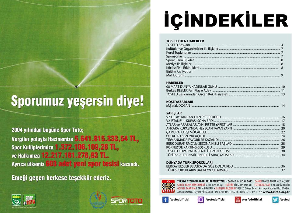 .. 13 KÖŞE YAZARLARI M.Şafak DOĞAN... 14 V2 DE AYHANCAN DAN PİST REKORU... 16 V2 İSTANBUL KUPASI SONA ERDİ... 17 ATLAR ve ARABALAR AYNI PİSTTE YARIŞTILAR... 18 ANKARA KUPASI NDA HEYECAN TAVAN YAPTI.