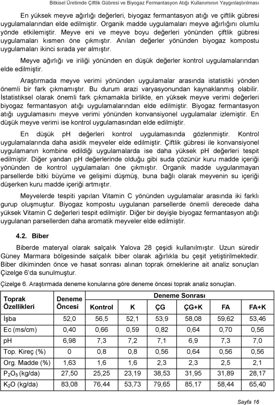 Anılan değerler yönünden biyogaz kompostu uygulamaları ikinci sırada yer almıştır. Meyve ağırlığı ve iriliği yönünden en düşük değerler kontrol uygulamalarından elde edilmiştir.