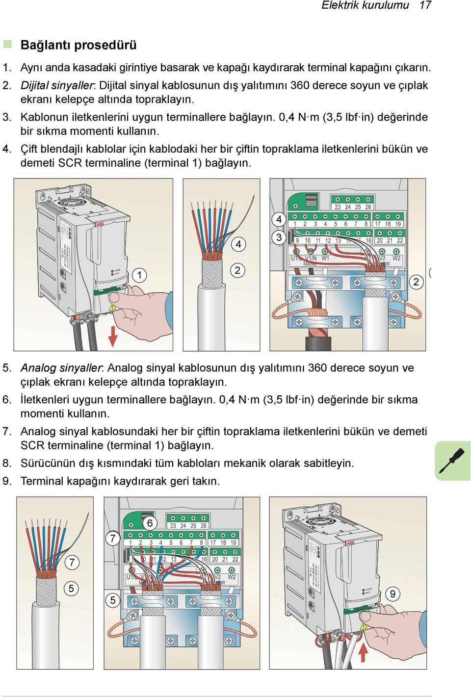 0,4 N m (3,5 lbf in) değerinde bir sıkma momenti kullanın. 4. Çift blendajlı kablolar için kablodaki her bir çiftin topraklama iletkenlerini bükün ve demeti SCR terminaline (terminal 1) bağlayın.