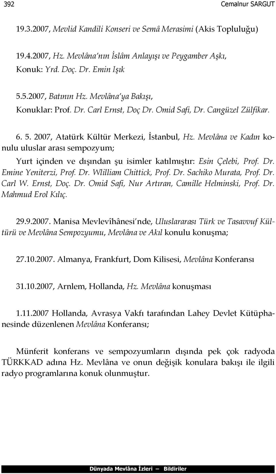 Mevlâna ve Kadın konulu uluslar arası sempozyum; Yurt içinden ve dışından şu isimler katılmıştır: Esin Çelebi, Prof. Dr. Emine Yeniterzi, Prof. Dr. Wlilliam Chittick, Prof. Dr. Sachiko Murata, Prof.