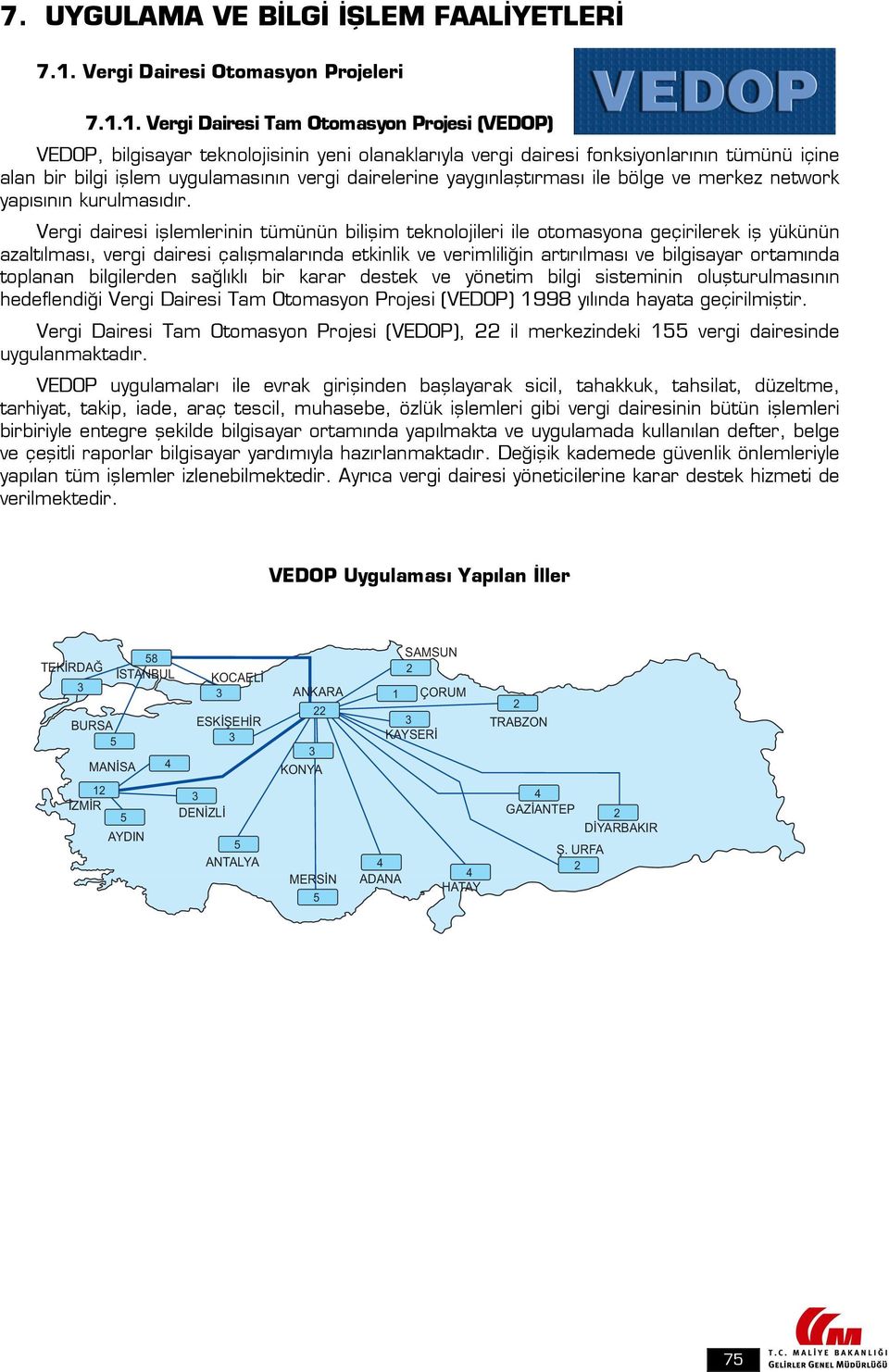 1. Vergi Dairesi Tam Otomasyon Projesi (VEDOP) VEDOP, bilgisayar teknolojisinin yeni olanaklarıyla vergi dairesi fonksiyonlarının tümünü içine alan bir bilgi işlem uygulamasının vergi dairelerine