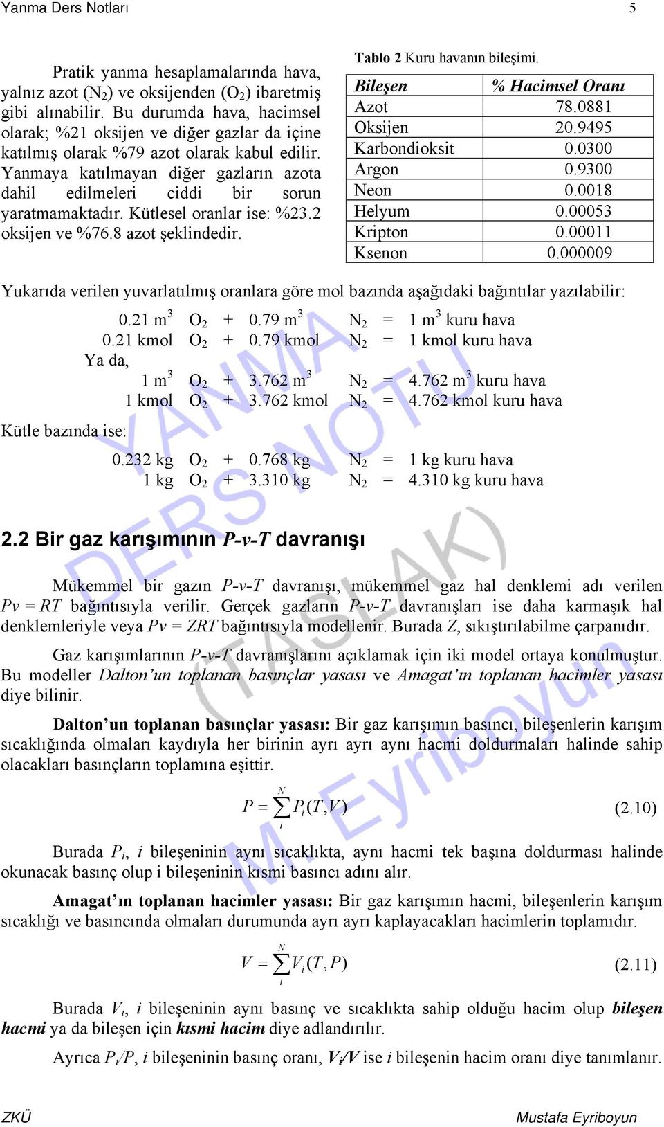 Yanmaya katılmayan diğer gazların azota dahil edilmeleri ciddi bir sorun yaratmamaktadır. Kütlesel oranlar ise: %23.2 oksijen ve %76.8 azot şeklindedir. Tablo 2 Kuru havanın bileşimi.