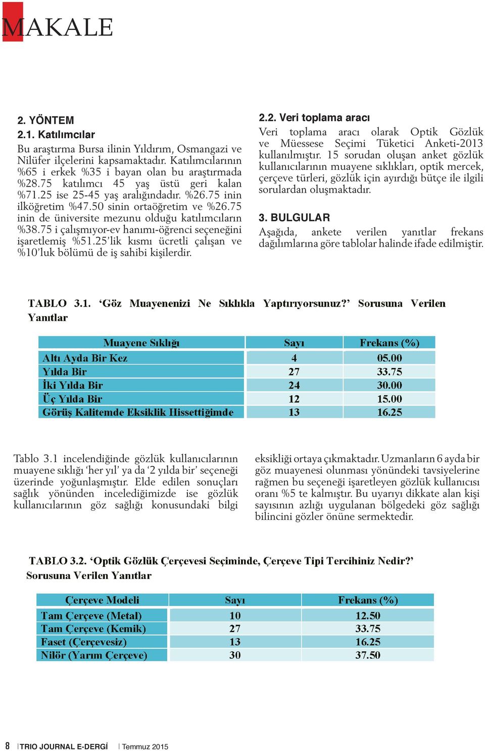 75 i çalışmıyor-ev hanımı-öğrenci seçeneğini işaretlemiş %51.25 lik kısmı ücretli çalışan ve %10 luk bölümü de iş sahibi kişilerdir. 2.2. Veri toplama aracı Veri toplama aracı olarak Optik Gözlük ve Müessese Seçimi Tüketici Anketi-2013 kullanılmıştır.