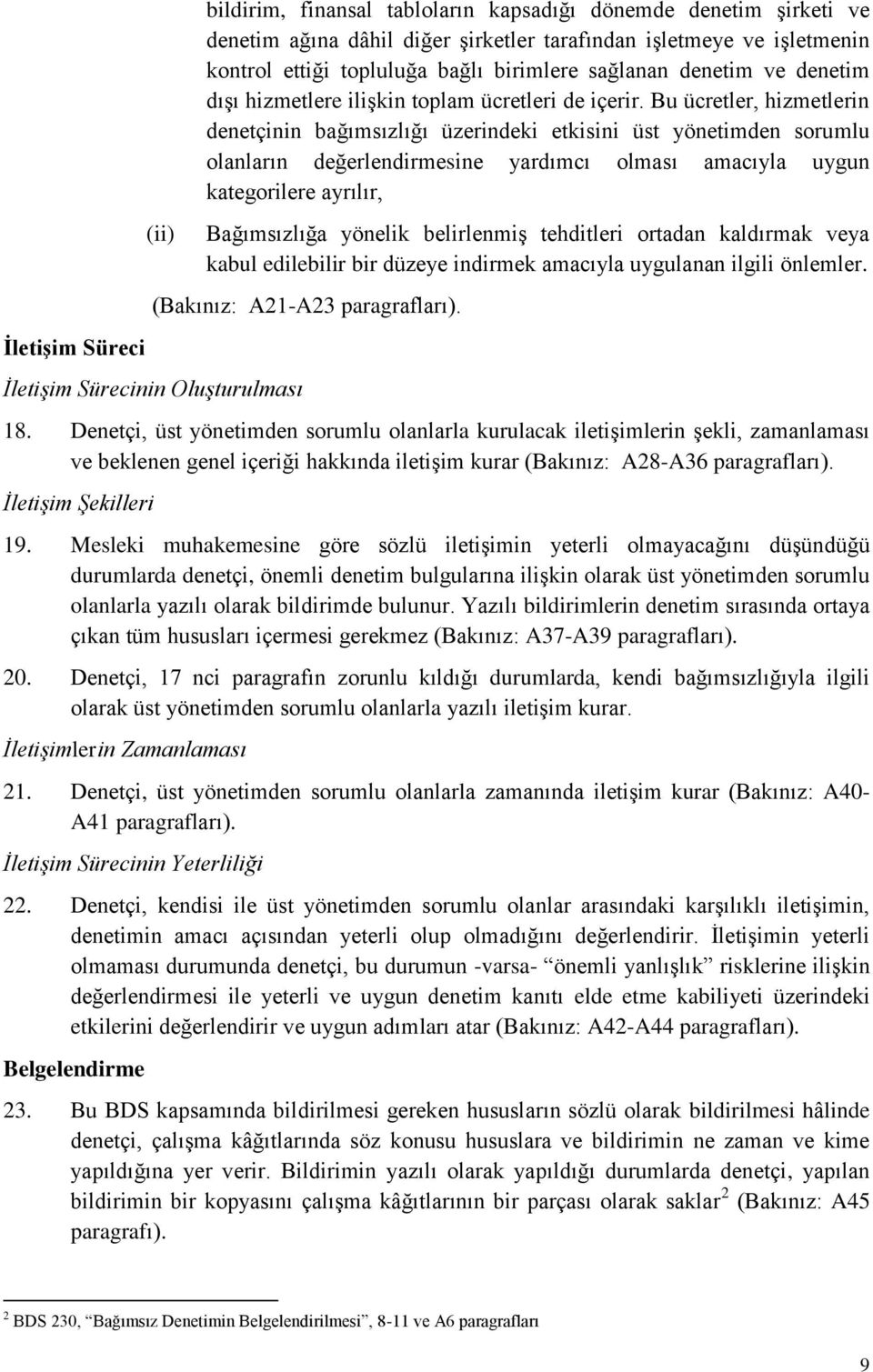 Bu ücretler, hizmetlerin denetçinin bağımsızlığı üzerindeki etkisini üst yönetimden sorumlu olanların değerlendirmesine yardımcı olması amacıyla uygun kategorilere ayrılır, Bağımsızlığa yönelik