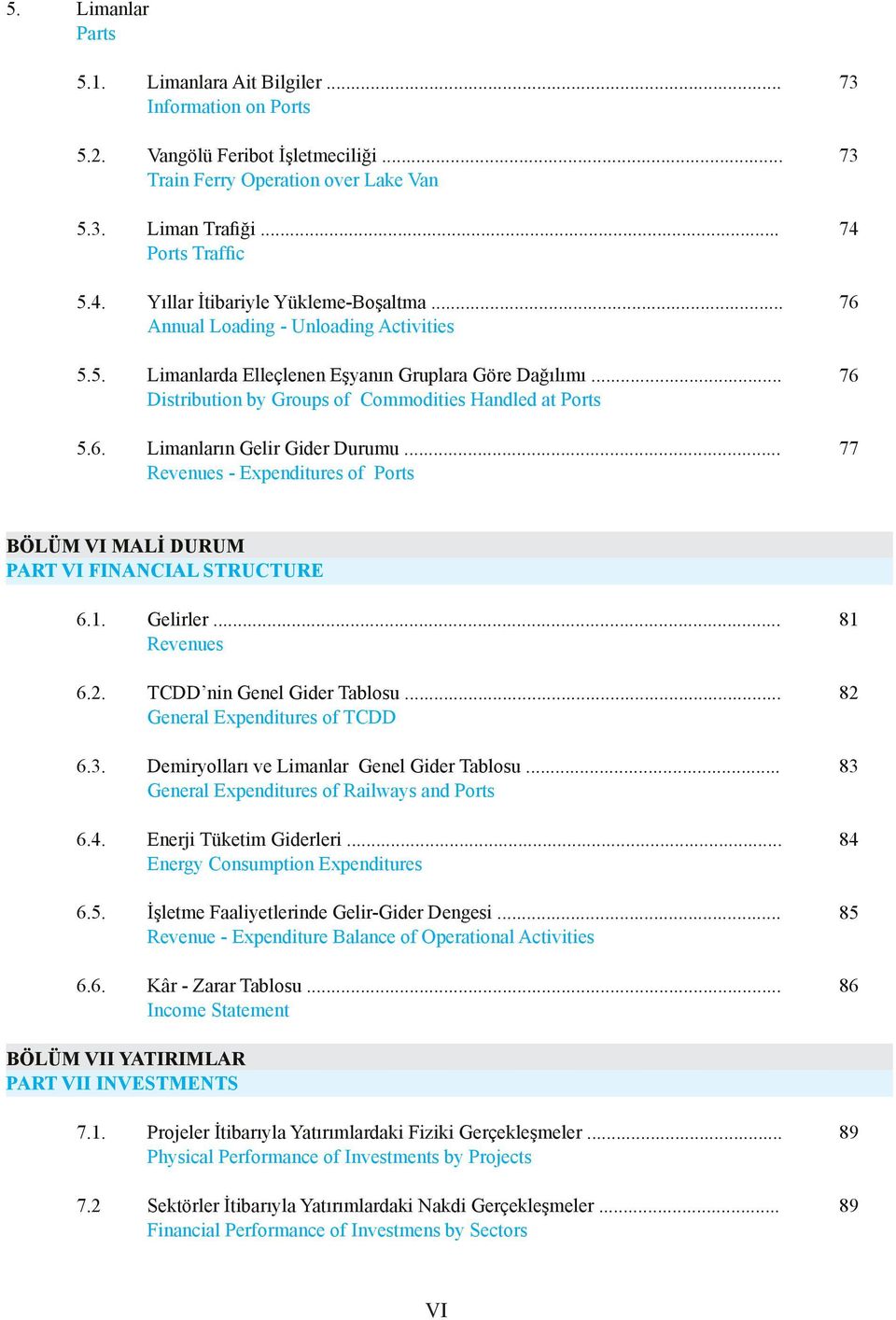 Limanların Gelir Gider Durumu... Revenues Expenditures of Ports 73 73 74 76 76 77 BÖLÜM VI MALİ DURUM PART VI FINANCIAL STRUCTURE 6.. Gelirler... Revenues 6.2. TCDD nin Genel Gider Tablosu.