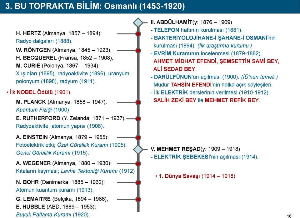 RUTHERFORD (Y. Zelanda, 1871 1937): Radyoaktivite, atomun yapısı (1908). II. ABDÜLHAMİT(y: 1876 1909) - TELEFON hattının kurulması (1881). - BAKTERİYOLOJİHANE-İ ŞAHANE-İ OSMANİ nin kurulması (1894).