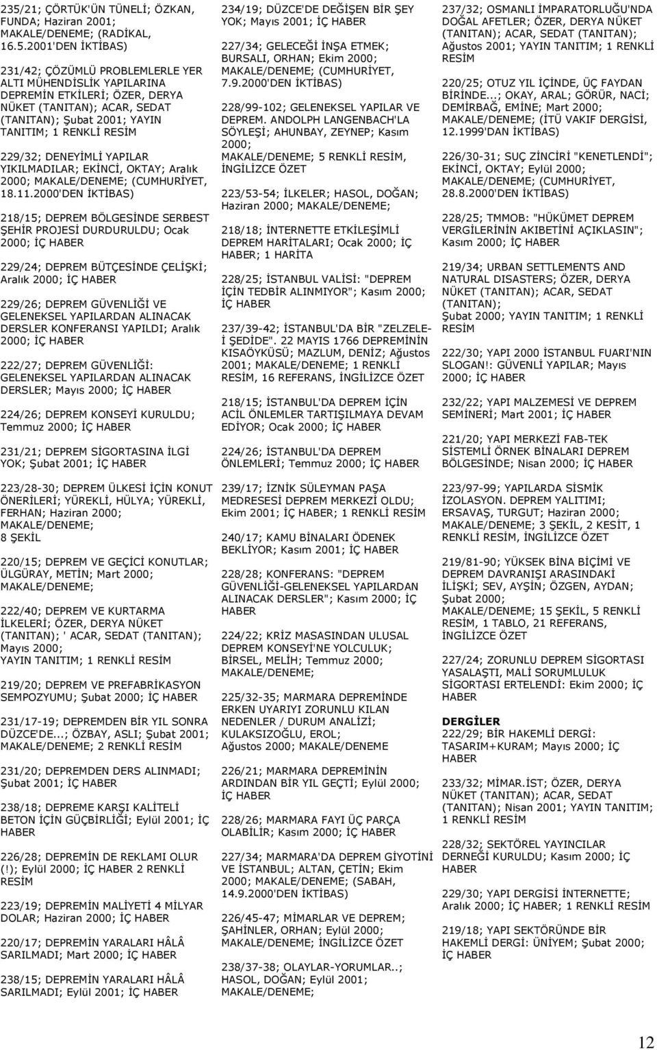 'DEN İKTİBAS) 218/15; DEPREM BÖLGESİNDE SERBEST ŞEHİR PROJESİ DURDURULDU; Ocak ; İÇ 229/24; DEPREM BÜTÇESİNDE ÇELİŞKİ; Aralık ; İÇ 229/26; DEPREM GÜVENLİĞİ VE GELENEKSEL YAPILARDAN ALINACAK DERSLER