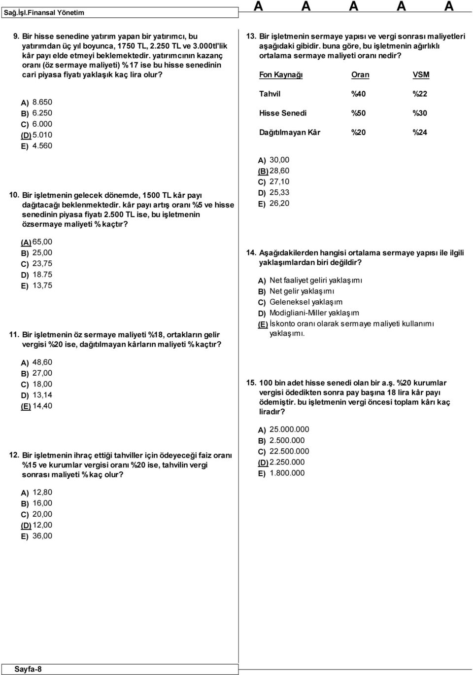 Bir işletmenin gelecek dönemde, 1500 TL kâr payı dağıtacağı beklenmektedir. kâr payı artış oranı %5 ve hisse senedinin piyasa fiyatı 2.500 TL ise, bu işletmenin özsermaye maliyeti % kaçtır?