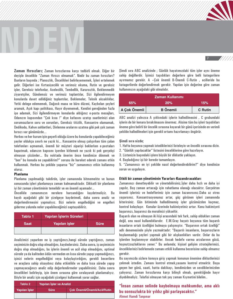 Diğerleri ise Kırtasiyecilik ve verimsiz okuma, Rutin ve gereksiz işler, Gereksiz telefonlar, Acelecilik, Tembellik, Kararsızlık, Beklenmedik ziyaretçiler, Gündemsiz ve verimsiz toplantılar, Sizi