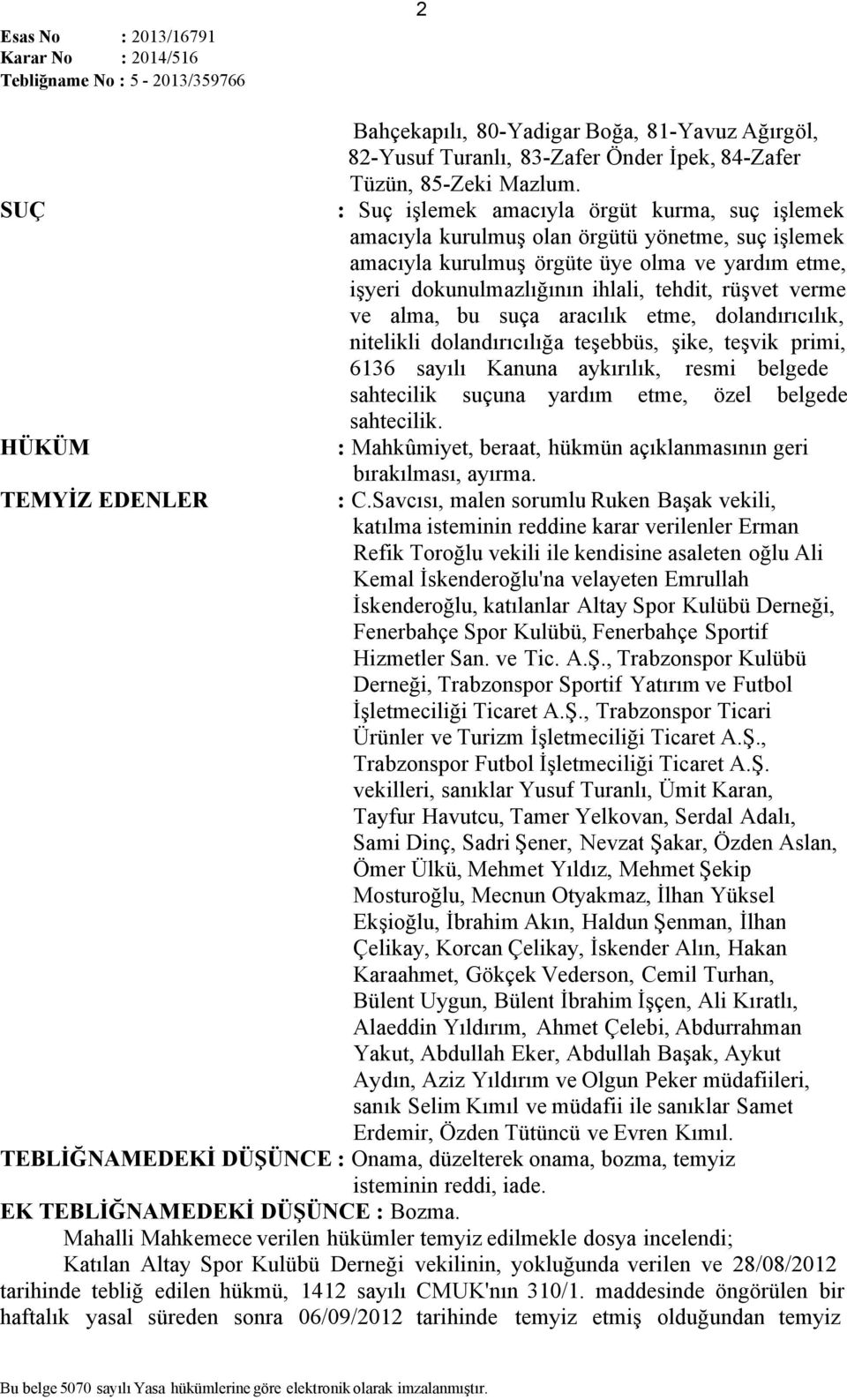 verme ve alma, bu suça aracılık etme, dolandırıcılık, nitelikli dolandırıcılığa teşebbüs, şike, teşvik primi, 6136 sayılı Kanuna aykırılık, resmi belgede sahtecilik suçuna yardım etme, özel belgede