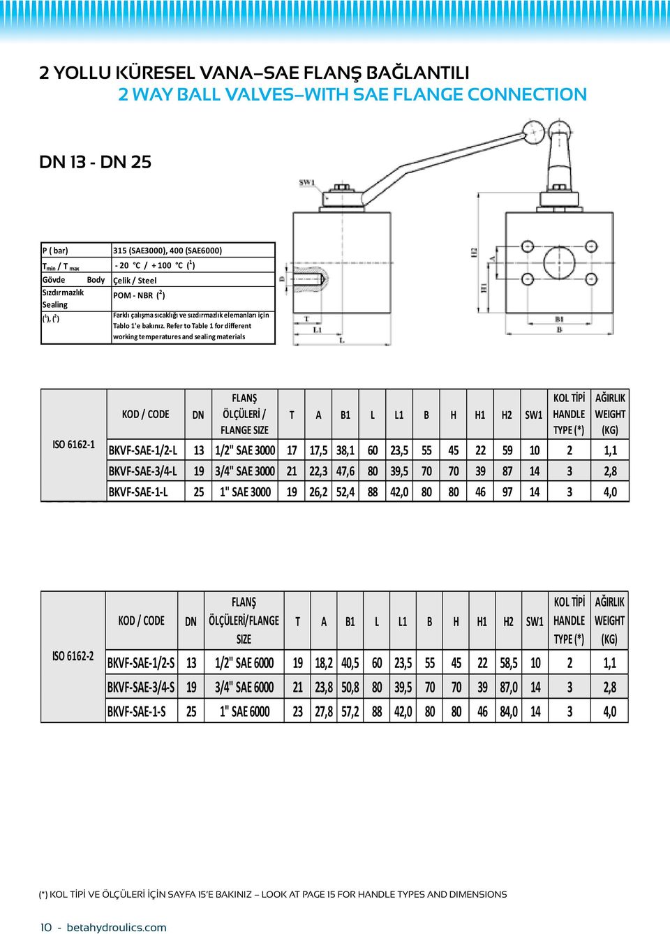 Refer to Table 1 for different working temperatures and sealing materials ISO 6162-1 DN FLANŞ ÖLÇÜLERİ / FLANGE SIZE T A B1 L L1 B H H1 H2 SW1 BKVF-SAE-1/2-L 13 1/2" SAE 3000 17 17,5 38,1 60 23,5 55