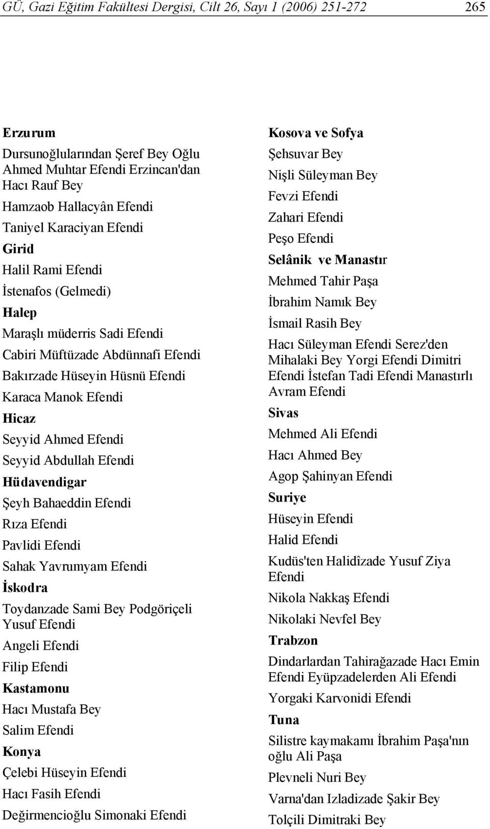 Efendi Seyyid Abdullah Efendi Hüdavendigar Şeyh Bahaeddin Efendi Rıza Efendi Pavlidi Efendi Sahak Yavrumyam Efendi İskodra Toydanzade Sami Bey Podgöriçeli Yusuf Efendi Angeli Efendi Filip Efendi