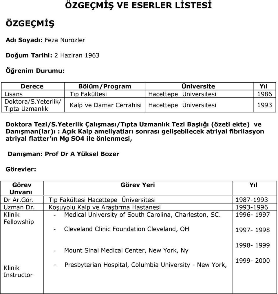 Yeterlik Çalışması/Tıpta Uzmanlık Tezi Başlığı (özeti ekte) ve Danışman(lar)ı : Açık Kalp ameliyatları sonrası gelişebilecek atriyal fibrilasyon atriyal flatter ın Mg SO4 ile önlenmesi, Danışman: