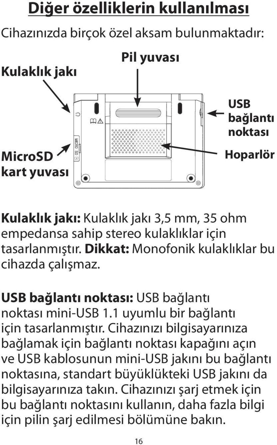 USB bağlantı noktası: USB bağlantı noktası mini-usb 1.1 uyumlu bir bağlantı için tasarlanmıştır.