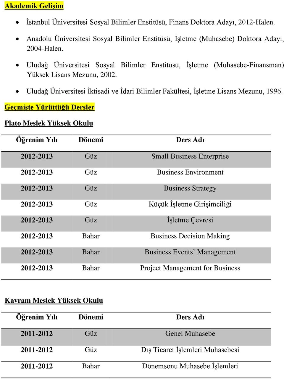 Geçmişte Yürüttüğü Dersler Plato Meslek Yüksek Okulu 2012-2013 Güz Small Business Enterprise 2012-2013 Güz Business Environment 2012-2013 Güz Business Strategy 2012-2013 Güz Küçük İşletme