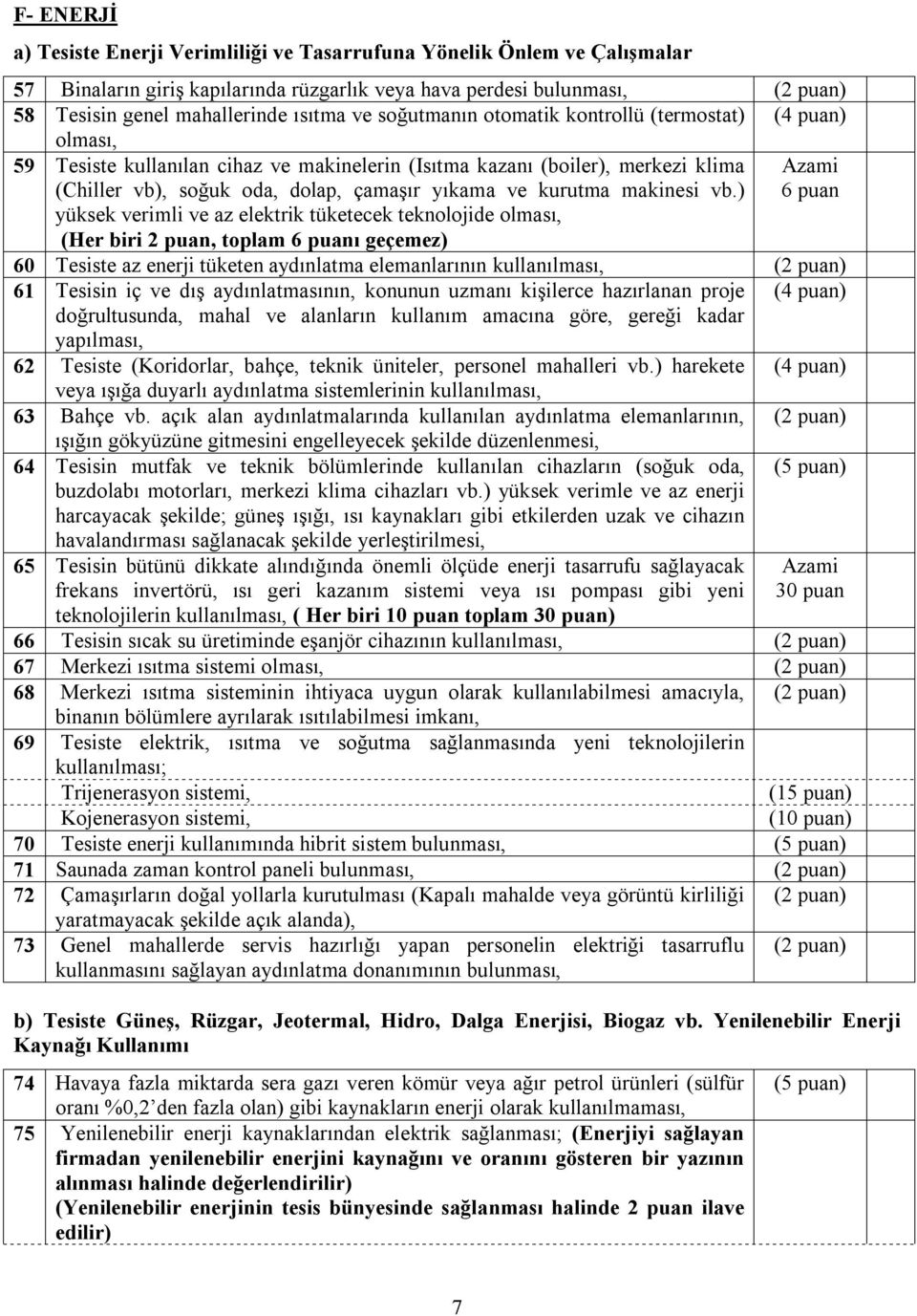 vb.) 6 puan yüksek verimli ve az elektrik tüketecek teknolojide olması, (Her biri 2 puan, toplam 6 puanı geçemez) 60 Tesiste az enerji tüketen aydınlatma elemanlarının kullanılması, 61 Tesisin iç ve