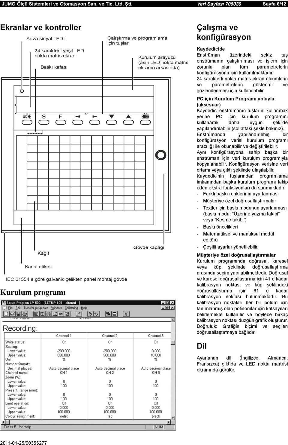 gövde Kurulum programı Çalıştırma ve programlama için tuşlar Kurulum arayüzü (asılı LED nokta matris ekranın arkasında) Gövde kapağı Çalışma ve konfigürasyon Kaydedicide Enstrüman üzerindeki sekiz