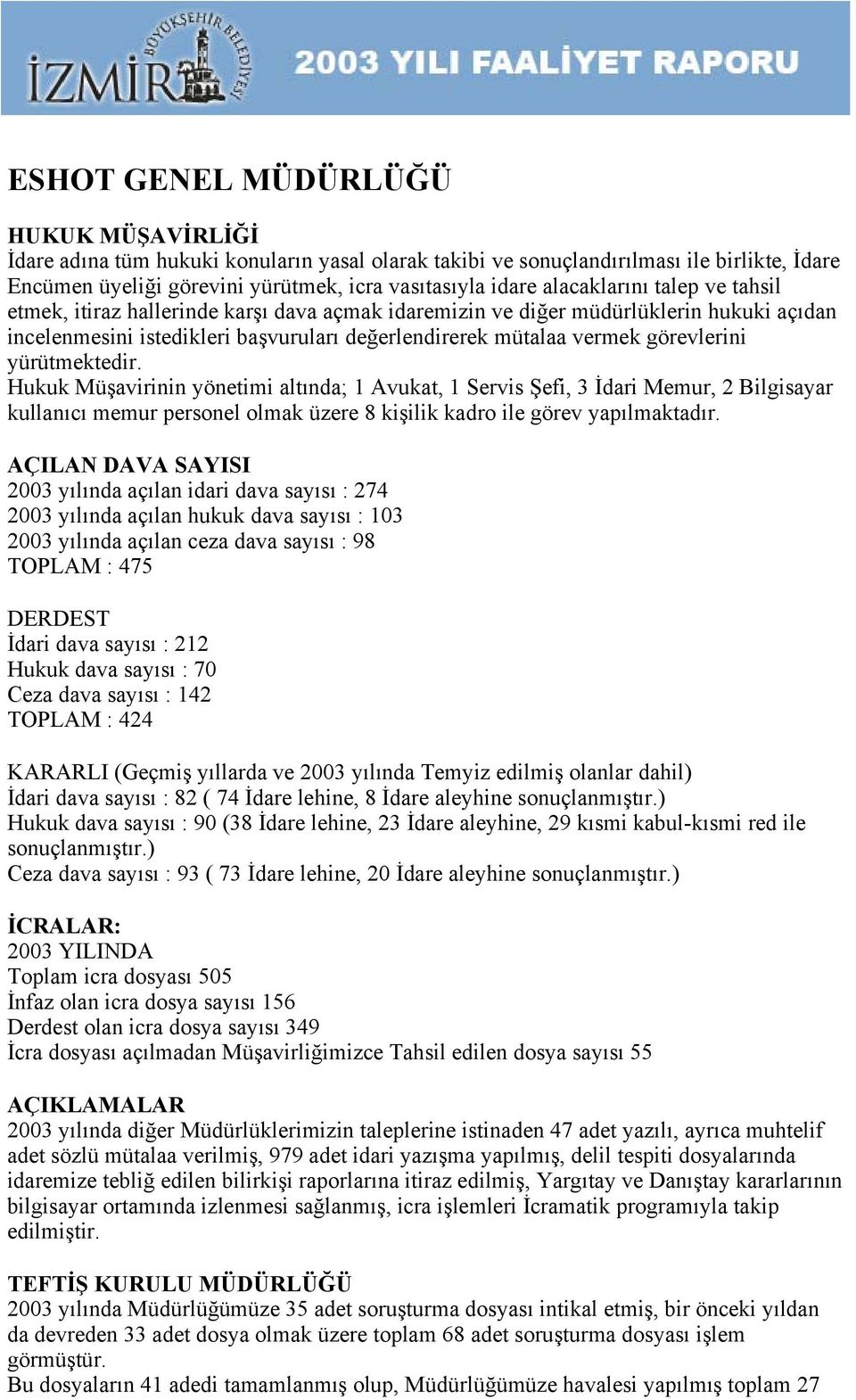 yürütmektedir. Hukuk Müşavirinin yönetimi altında; 1 Avukat, 1 Servis Şefi, 3 İdari Memur, 2 Bilgisayar kullanıcı memur personel olmak üzere 8 kişilik kadro ile görev yapılmaktadır.