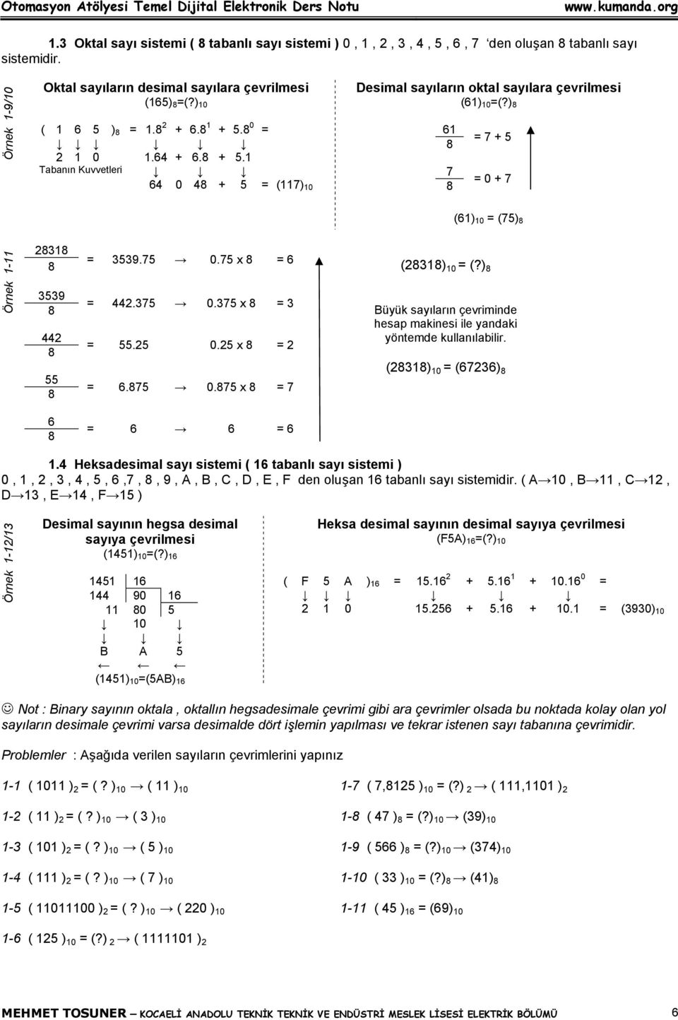 1 Tabanın Kuvvetleri 64 0 48 + 5 = (117) 10 61 8 7 8 = 7 + 5 = 0 + 7 (61) 10 = (75) 8 Örnek 111 28318 8 3539 8 442 8 = 3539.75 0.75 x 8 = 6 = 442.375 0.375 x 8 = 3 = 55.25 0.25 x 8 = 2 (28318) 10 = (?