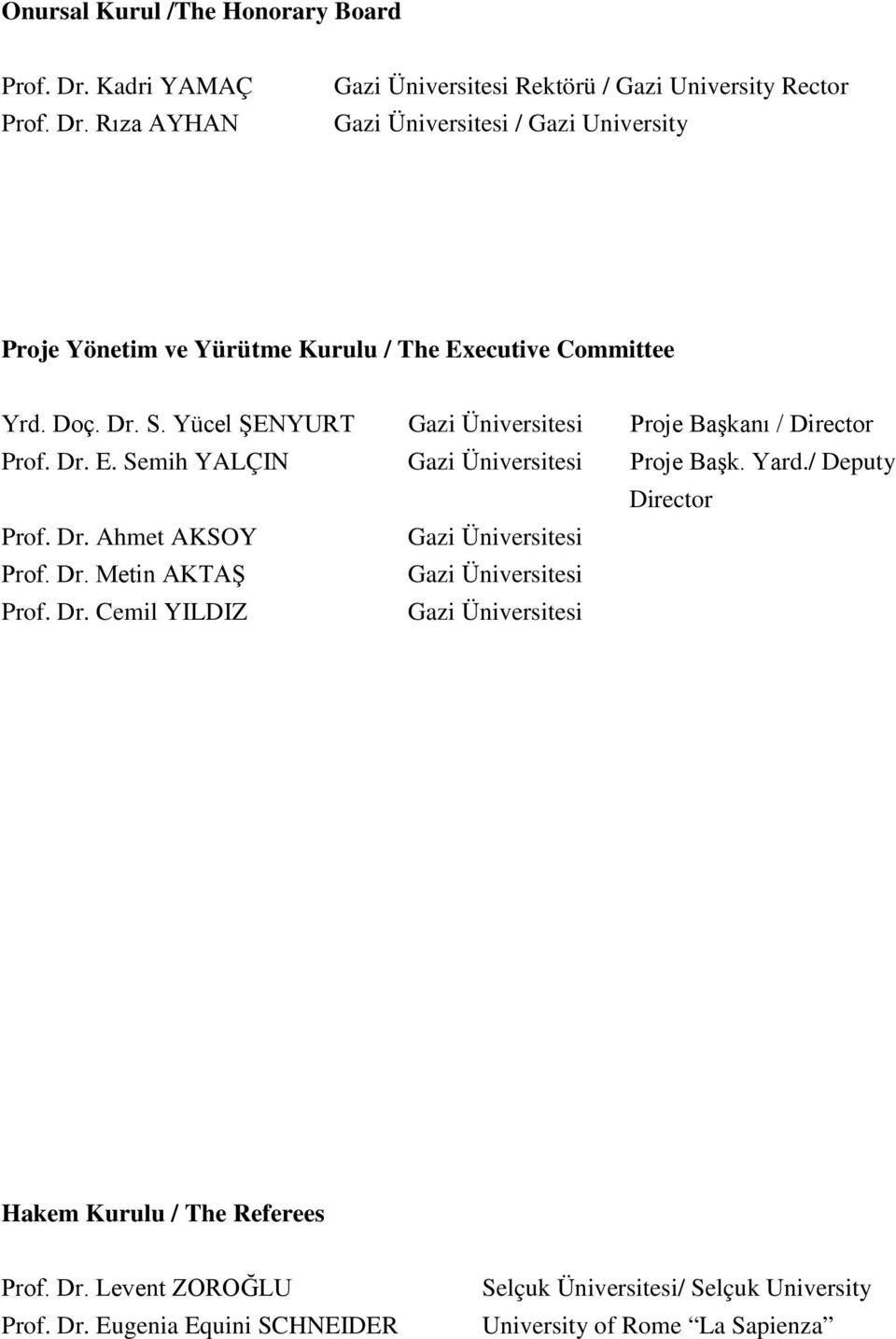 Rıza AYHAN Gazi Üniversitesi Rektörü / Gazi University Rector Gazi Üniversitesi / Gazi University Proje Yönetim ve Yürütme Kurulu / The Executive Committee Yrd.