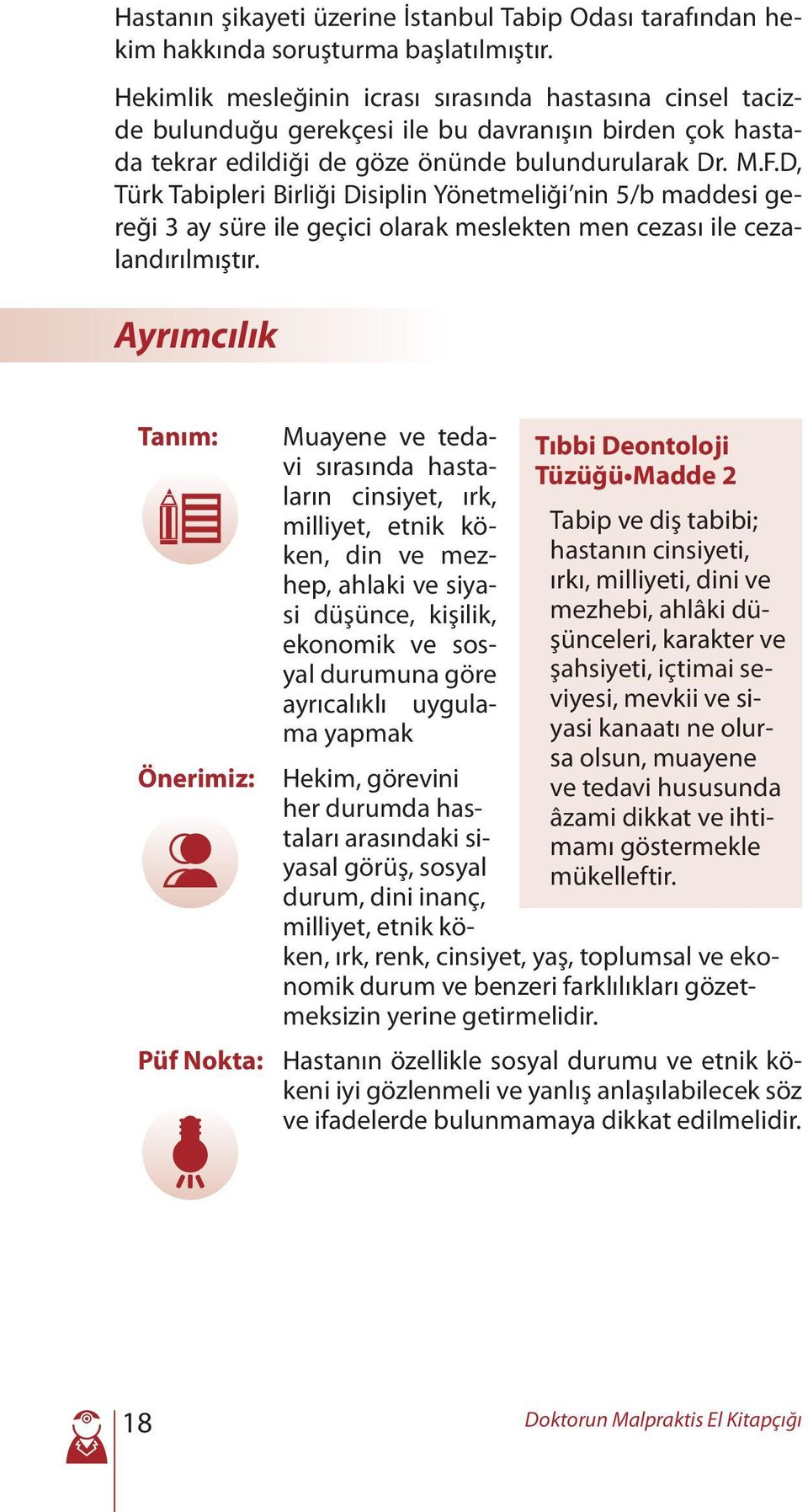 D, Türk Tabipleri Birliği Disiplin Yönetmeliği nin 5/b maddesi gereği 3 ay süre ile geçici olarak meslekten men cezası ile cezalandırılmıştır.