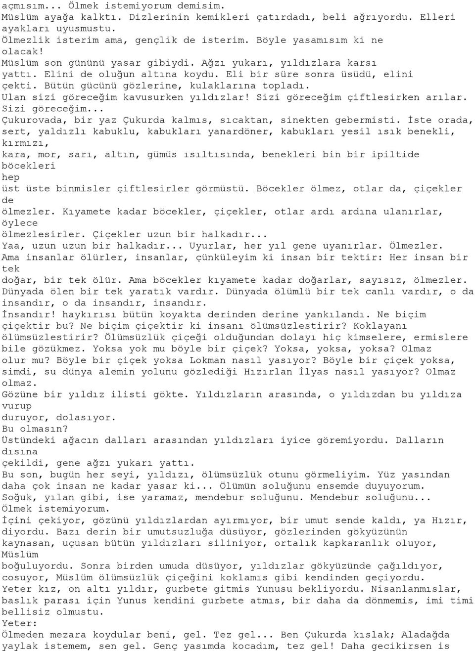 Bütün gücünü gözlerine, kulaklarına topladı. Ulan sizi göreceğim kavusurken yıldızlar! Sizi göreceğim çiftlesirken arılar. Sizi göreceğim... Çukurovada, bir yaz Çukurda kalmıs, sıcaktan, sinekten gebermisti.